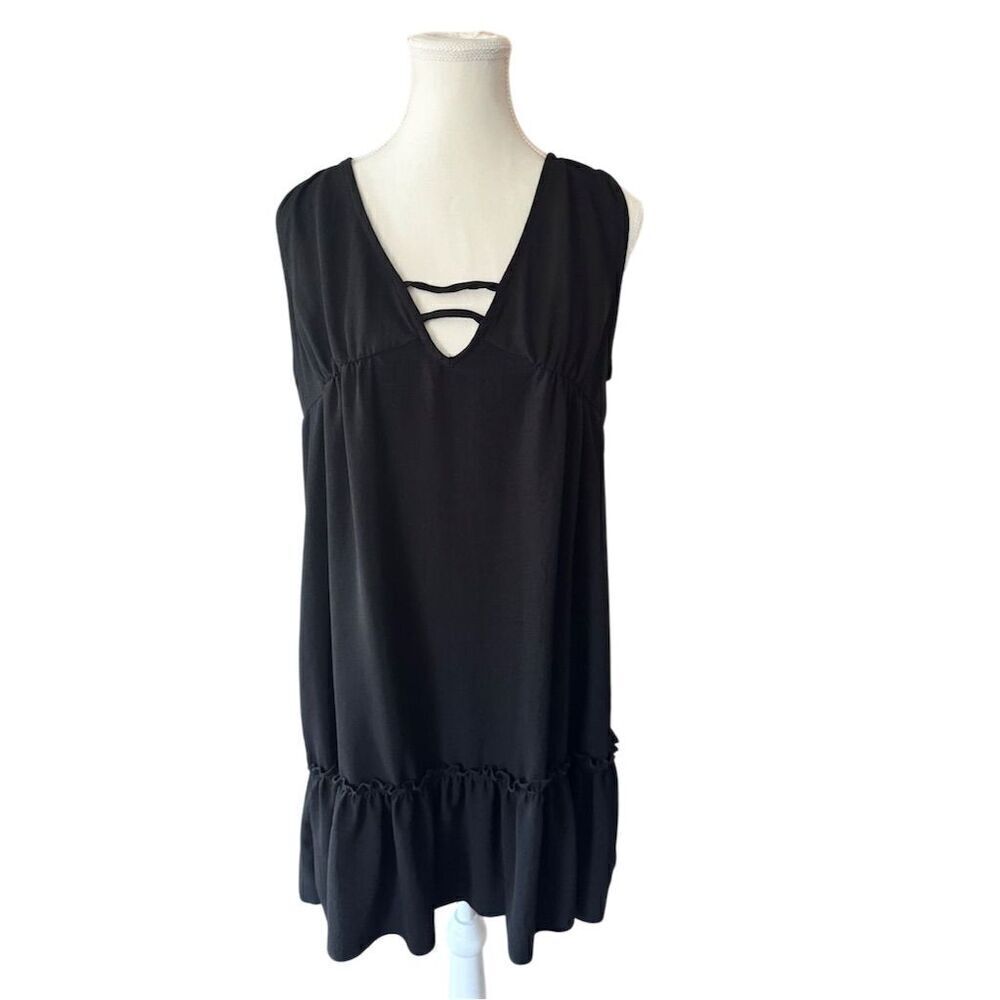 Ces Femme Women's M Black V-Neck Ruffle Knee Length Party/Beach/LBD Dress‎